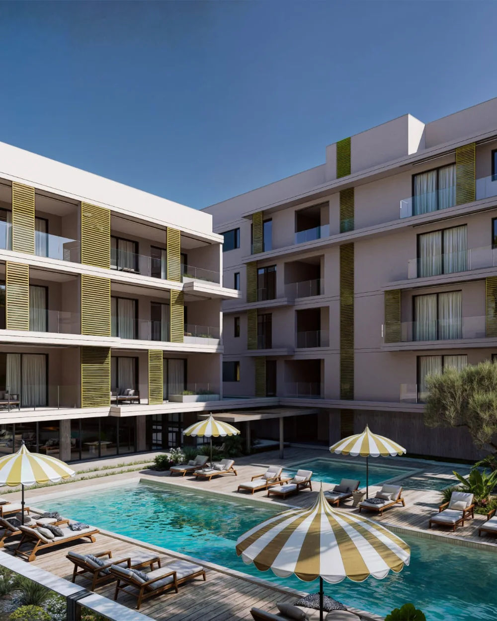Contemporary two-bedroom apartment in Paphos with a furnished balcony and coastal view