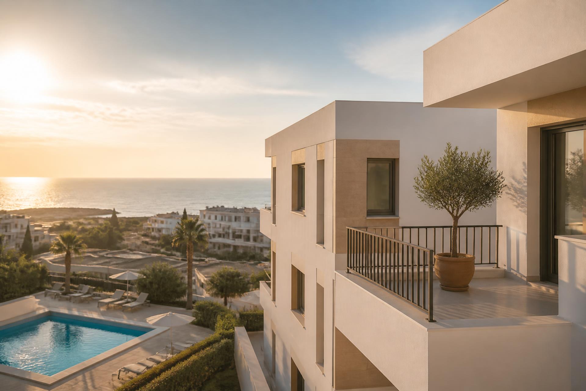 Modern new-build apartment with a sea view in Paphos at golden hour